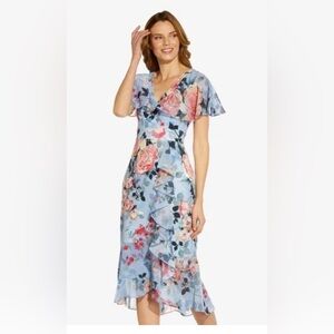 Adrianna Papell, Floral Blue Wrap Dress, size 14